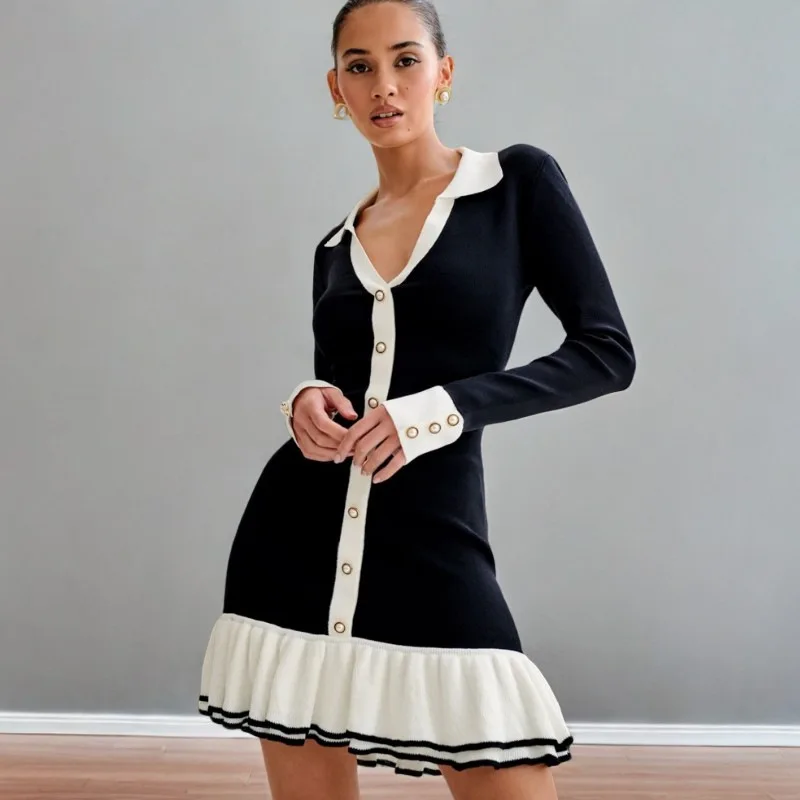 Women's Long-sleeved Ruffle Slim Knit Sweater Mini Dress V-neck Backless Single-breasted Collar Hollowed-out Elegance Dress
Women's Long-sleeved Ruffle Slim Knit Sweater Mini Dress V-neck Backless Single-breasted Collar Hollowed-out Elegance Dress