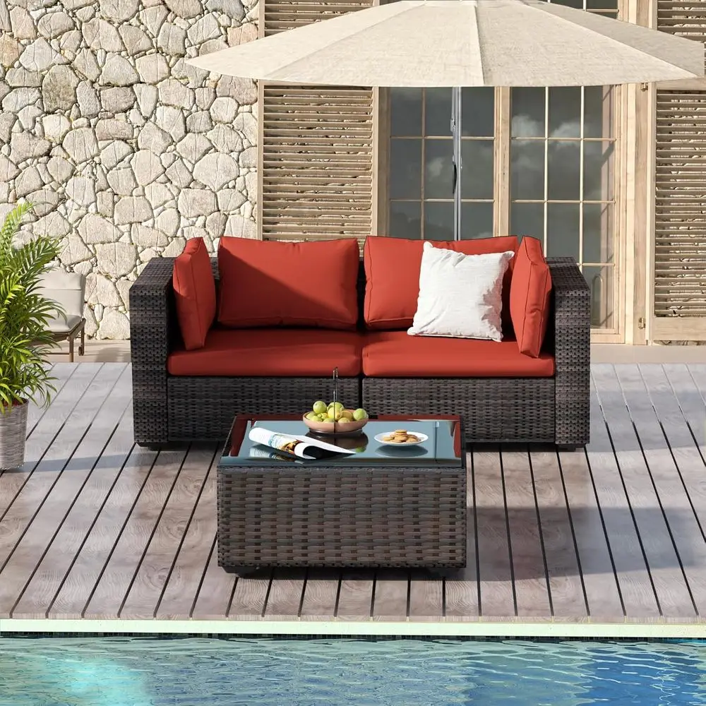 All-Weather Outdoor PE Rattan 3-Piece Patio Sectional Sofa Set with Cushions and Glass Table for Garden, Poolside, Backyard (Red
All-Weather Outdoor PE Rattan 3-Piece Patio Sectional Sofa Set with Cushions and Glass Table for Garden, Poolside, Backyard (Red