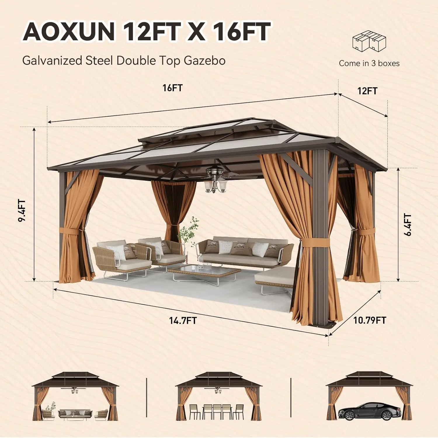 Brown Custom Hardtop Gazebo, Metal Frame + Polycarbonate Double Roof, Mosquito Netting & Curtains Included
Brown Custom Hardtop Gazebo, Metal Frame + Polycarbonate Double Roof, Mosquito Netting & Curtains Included