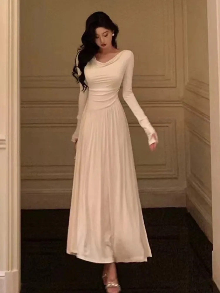 Autumn Solid Swinging Collar Midi Dress for Women French Elegant Slim Off Shoulder Lace-up Long Dresses Female Fashion Vestidos
Autumn Solid Swinging Collar Midi Dress for Women French Elegant Slim Off Shoulder Lace-up Long Dresses Female Fashion Vestidos
