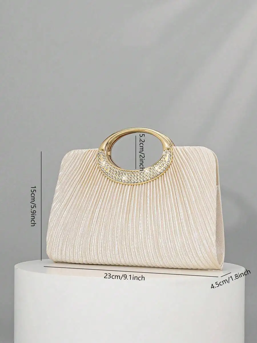 Elegant Pleated Cream Evening Clutch With Crystal-Embellished Gold Handle For Wedding Party Gala Cocktail Events
Elegant Pleated Cream Evening Clutch With Crystal-Embellished Gold Handle For Wedding Party Gala Cocktail Events
