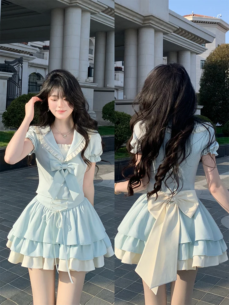 Summer New Style College Girl's Sea Salt Blue Bowknot Short Sleeve Top And Skirt Set Cake Pattern Fashionable Women's Ensemble
Summer New Style College Girl's Sea Salt Blue Bowknot Short Sleeve Top And Skirt Set Cake Pattern Fashionable Women's Ensemble