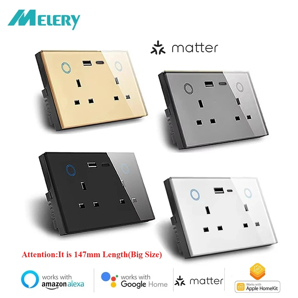 Melery UK Matter Smart Wall Socket 147 Стеклянная розетка USB Type C для быстрой зарядки 20 Вт Пульт дистанционного управления от Homekit Alexa Google SmartThings 
Melery UK Matter Smart Wall Socket 147 Стеклянная розетка USB Type C для быстрой зарядки 20 Вт Пульт дистанционного управления от Homekit Alexa Google SmartThings