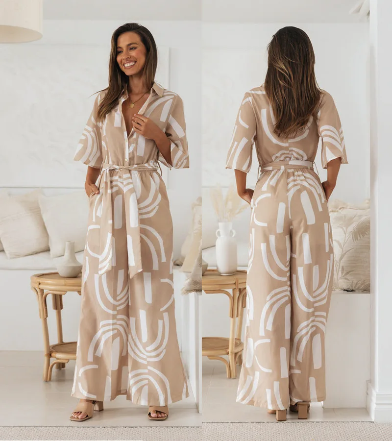 Summer Fashion New Jumpsuits for Women Casual Elegant Lapel Five Point Sleeve Printed Lace Up Slim High Waist Long Jumpsuits
Summer Fashion New Jumpsuits for Women Casual Elegant Lapel Five Point Sleeve Printed Lace Up Slim High Waist Long Jumpsuits
