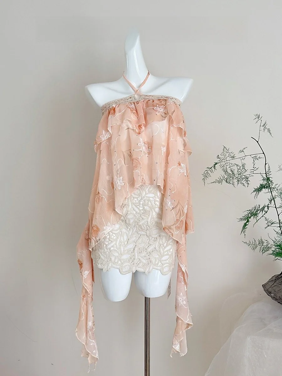 Heavy Embroidery Orange Mist Golden Hot Girl Doll Shirt Women's Half Skirt with Lace Trim Neck Hanging Summer Fashion Top
Heavy Embroidery Orange Mist Golden Hot Girl Doll Shirt Women's Half Skirt with Lace Trim Neck Hanging Summer Fashion Top