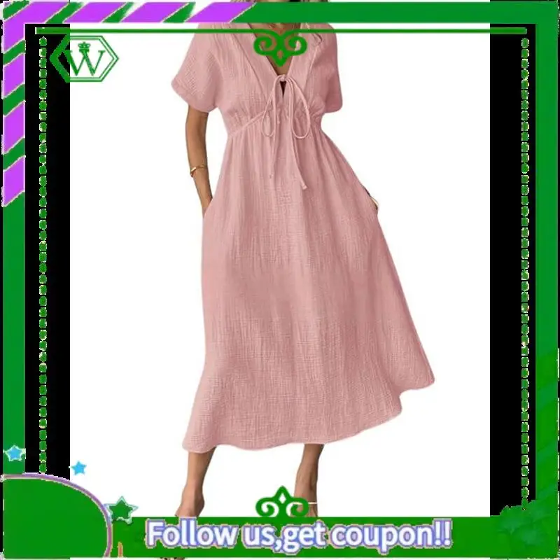 A18P-летнее платье для женщин, повседневное струящееся платье миди с коротким рукавом и галстуком-бабочкой, V-образным вырезом и рюшами
A18P-летнее платье для женщин, повседневное струящееся платье миди с коротким рукавом и галстуком-бабочкой, V-образным вырезом и рюшами