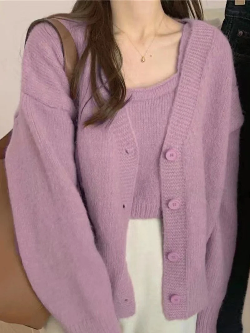 Spring Autumn Purple Knitted Open Cardigan Women's Sweater Strap Vest Two-Piece Set ort Top V-Ne Long Sve Straight Cut
Spring Autumn Purple Knitted Open Cardigan Women's Sweater Strap Vest Two-Piece Set ort Top V-Ne Long Sve Straight Cut