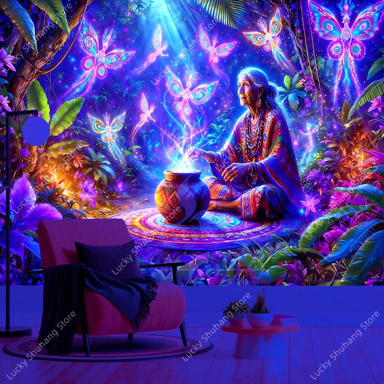 Mystical Shaman UV Tapestry Colorful Jungle Ceremony with Neon Butterflies Boho Home Bedroom Decor Meditation Wall Hanging
Mystical Shaman UV Tapestry Colorful Jungle Ceremony with Neon Butterflies Boho Home Bedroom Decor Meditation Wall Hanging