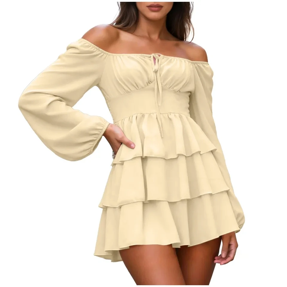 Women Sexy Off Shoulder Dresses Tie Up Long Sleeved Elastic Waist Ruffled Layered Swing Mini Dress Bohemian Beach Sundress
Women Sexy Off Shoulder Dresses Tie Up Long Sleeved Elastic Waist Ruffled Layered Swing Mini Dress Bohemian Beach Sundress