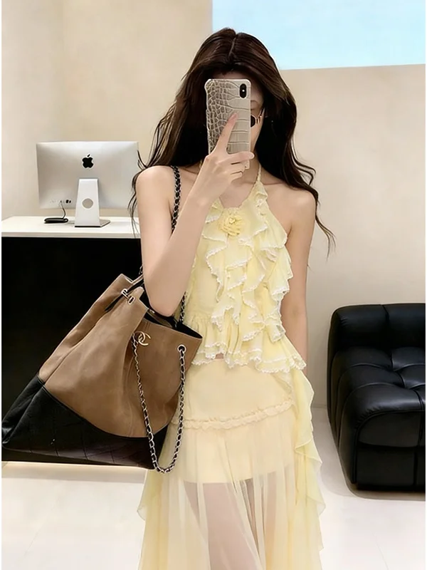 Summer Sexy Yellow Lace Trim Halter Neck Mesh Midi Skirt Two Piece Set Women's Fashion High Waist Pear Shape Warmth Sleeveless
Summer Sexy Yellow Lace Trim Halter Neck Mesh Midi Skirt Two Piece Set Women's Fashion High Waist Pear Shape Warmth Sleeveless