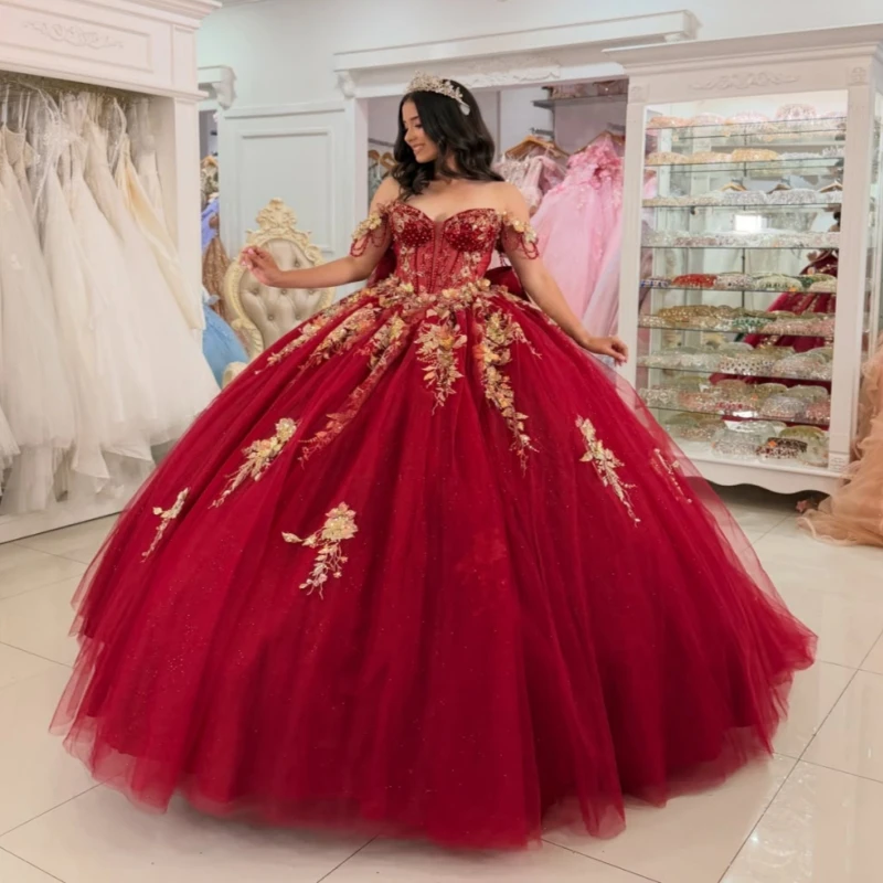 Red Shiny Ball Gown Quinceanera Dresses Gold Applique Flower Beading Crystal Bow Tiered Tull Corset Off The Shoulder Sweet 16
Red Shiny Ball Gown Quinceanera Dresses Gold Applique Flower Beading Crystal Bow Tiered Tull Corset Off The Shoulder Sweet 16