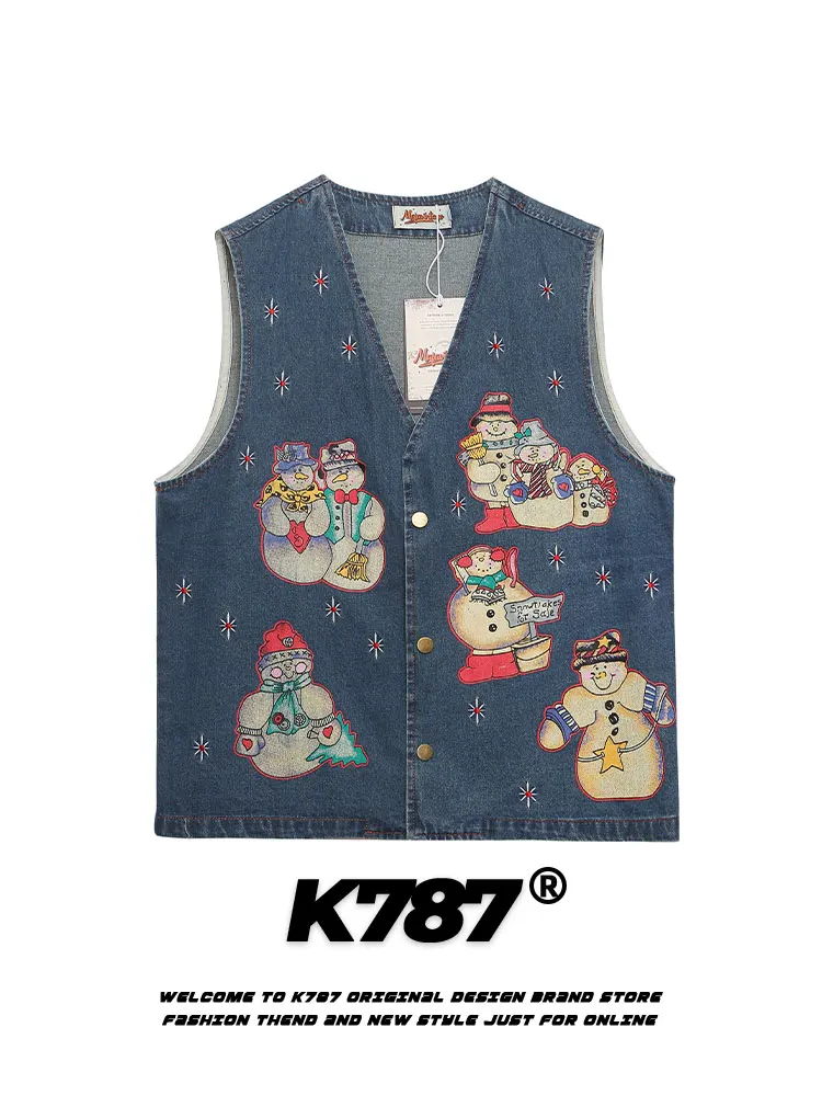 Джинсовая жилетка K787 в американском ретро-стиле с принтом снеговика, свободный крой, хлопковая, повседневная верхняя одежда
Джинсовая жилетка K787 в американском ретро-стиле с принтом снеговика, свободный крой, хлопковая, повседневная верхняя одежда