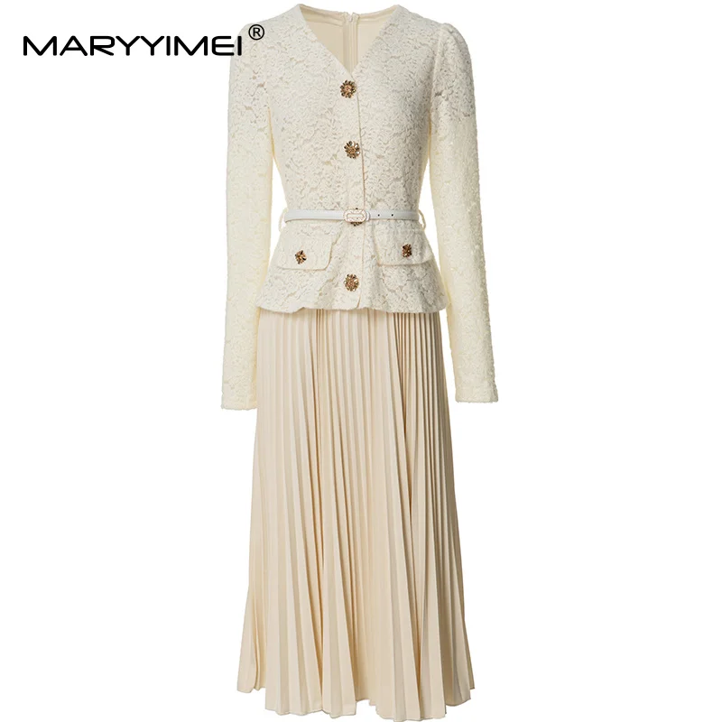 MARYYIMEI Fashion design Women's Dress V-Neck Long-Sleeved Lace Hollow Out Button Pleated Splicing Dresses
MARYYIMEI Fashion design Women's Dress V-Neck Long-Sleeved Lace Hollow Out Button Pleated Splicing Dresses
