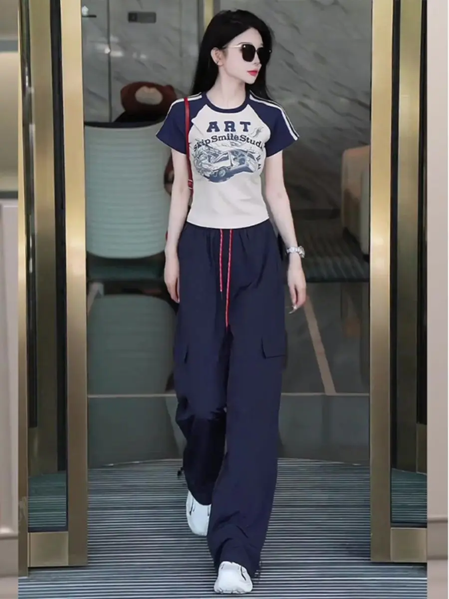 American Style Street Fashion Sportswear Set Women Summer Slimming Short Sleeve Wide Leg Pants Casual Two Piece Suit
American Style Street Fashion Sportswear Set Women Summer Slimming Short Sleeve Wide Leg Pants Casual Two Piece Suit