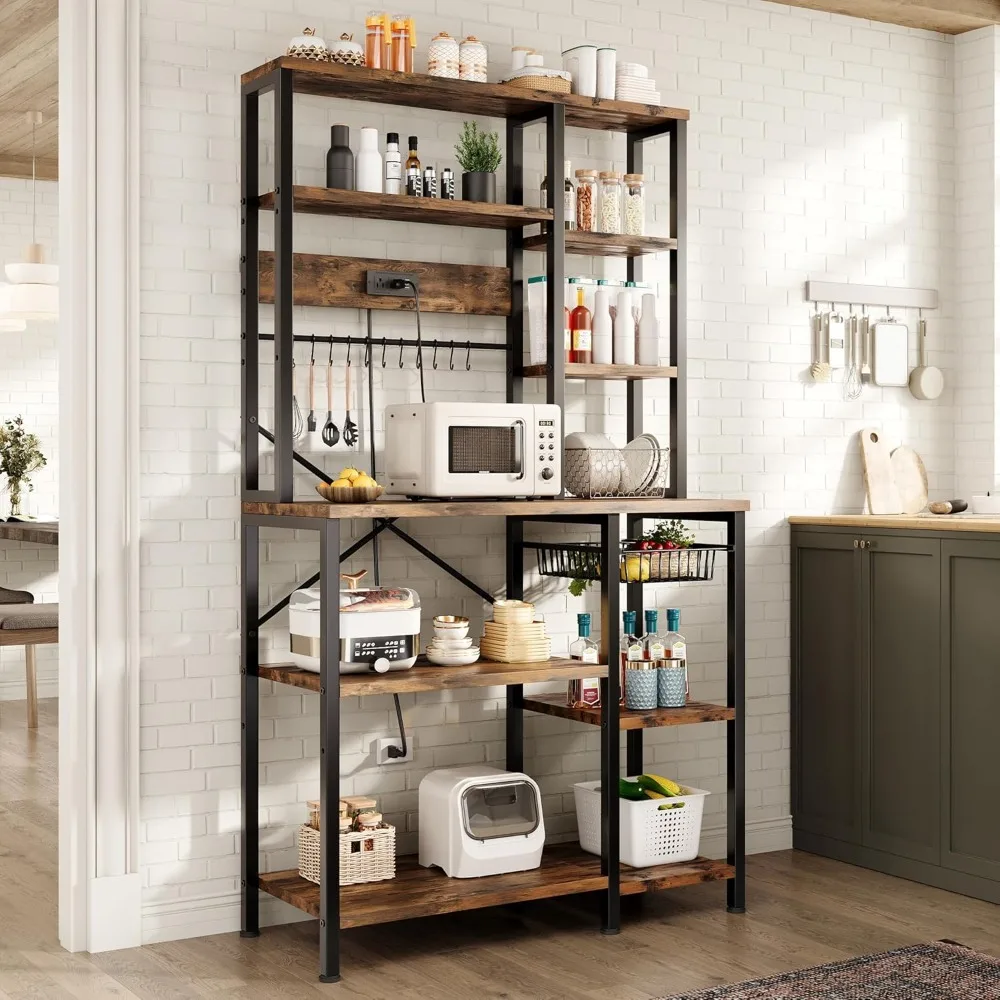 Kitchen Bakers Rack with Storage, 6-Tier Coffee Bar Station with Power Outlet, Microwave Stand with 12 S-Shaped Hooks, Open Kitc
Kitchen Bakers Rack with Storage, 6-Tier Coffee Bar Station with Power Outlet, Microwave Stand with 12 S-Shaped Hooks, Open Kitc