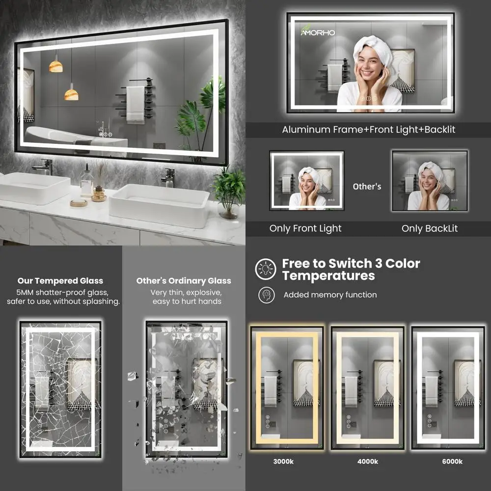 Black Framed LED Bathroom Mirror, 50x32, Front and Backlit, Anti-Fog, Shatter-Proof, 3 Color Options, Stepless Dimmable Vanity M
Black Framed LED Bathroom Mirror, 50x32, Front and Backlit, Anti-Fog, Shatter-Proof, 3 Color Options, Stepless Dimmable Vanity M
