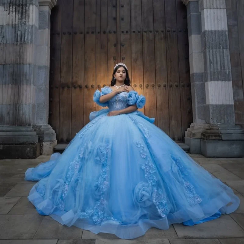 Customized blue Quinceanera Dresses Off the Shoulder Tull applique Big 3D flower Lace trailing Bow Vestido De 15 Quinceanera
Customized blue Quinceanera Dresses Off the Shoulder Tull applique Big 3D flower Lace trailing Bow Vestido De 15 Quinceanera