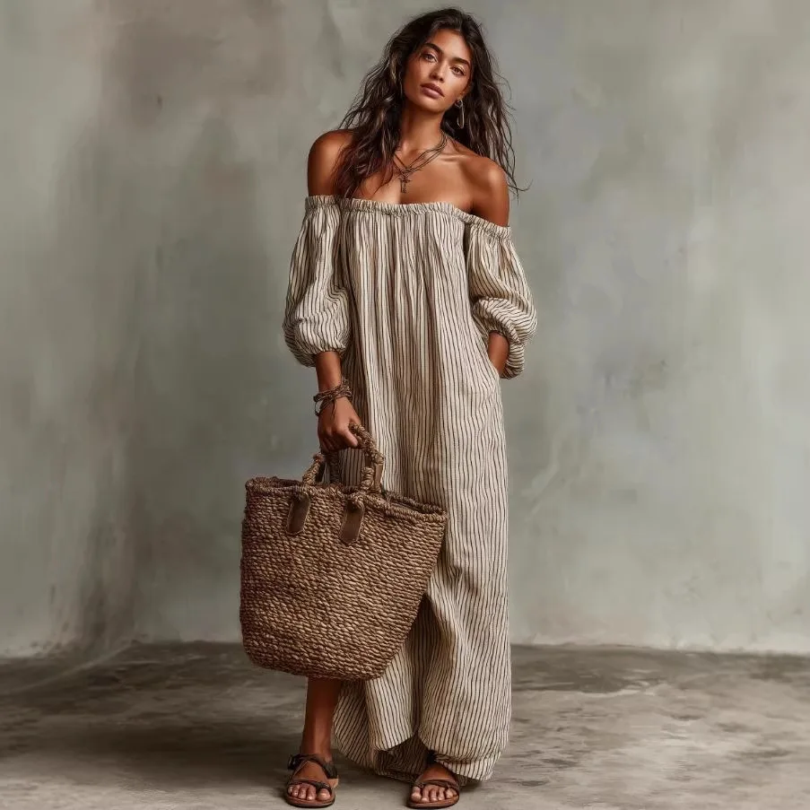 Summer new elegant casual loose one-word neck striped dress
Summer new elegant casual loose one-word neck striped dress