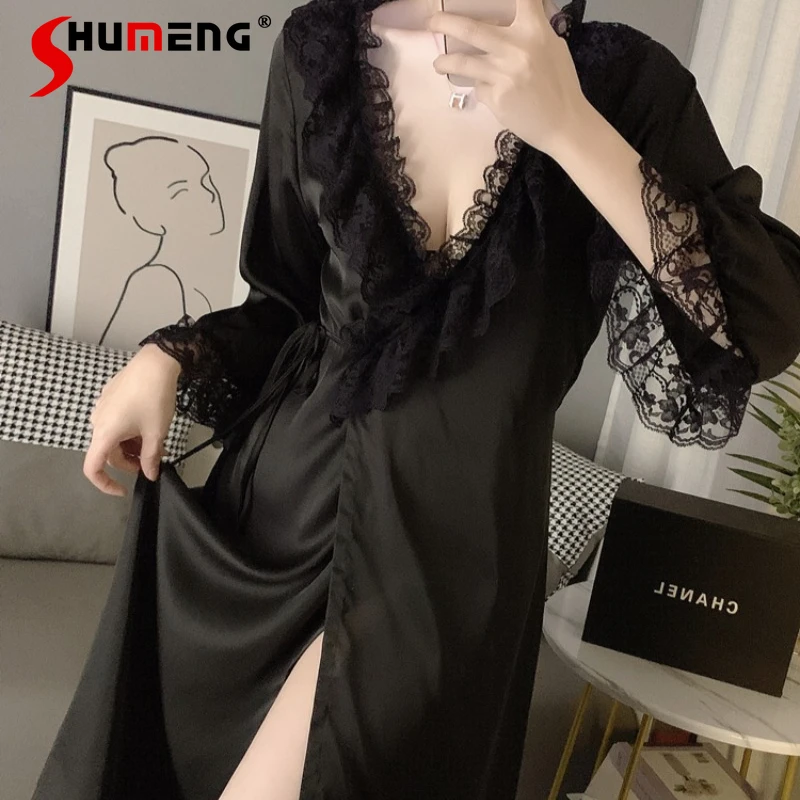 Pure Desire Style High End Home Wear Women Japanese Ice Silk Lace Sexy Nightgown Female Spring Autumn Long Sleeve Silk Pajamas
Pure Desire Style High End Home Wear Women Japanese Ice Silk Lace Sexy Nightgown Female Spring Autumn Long Sleeve Silk Pajamas