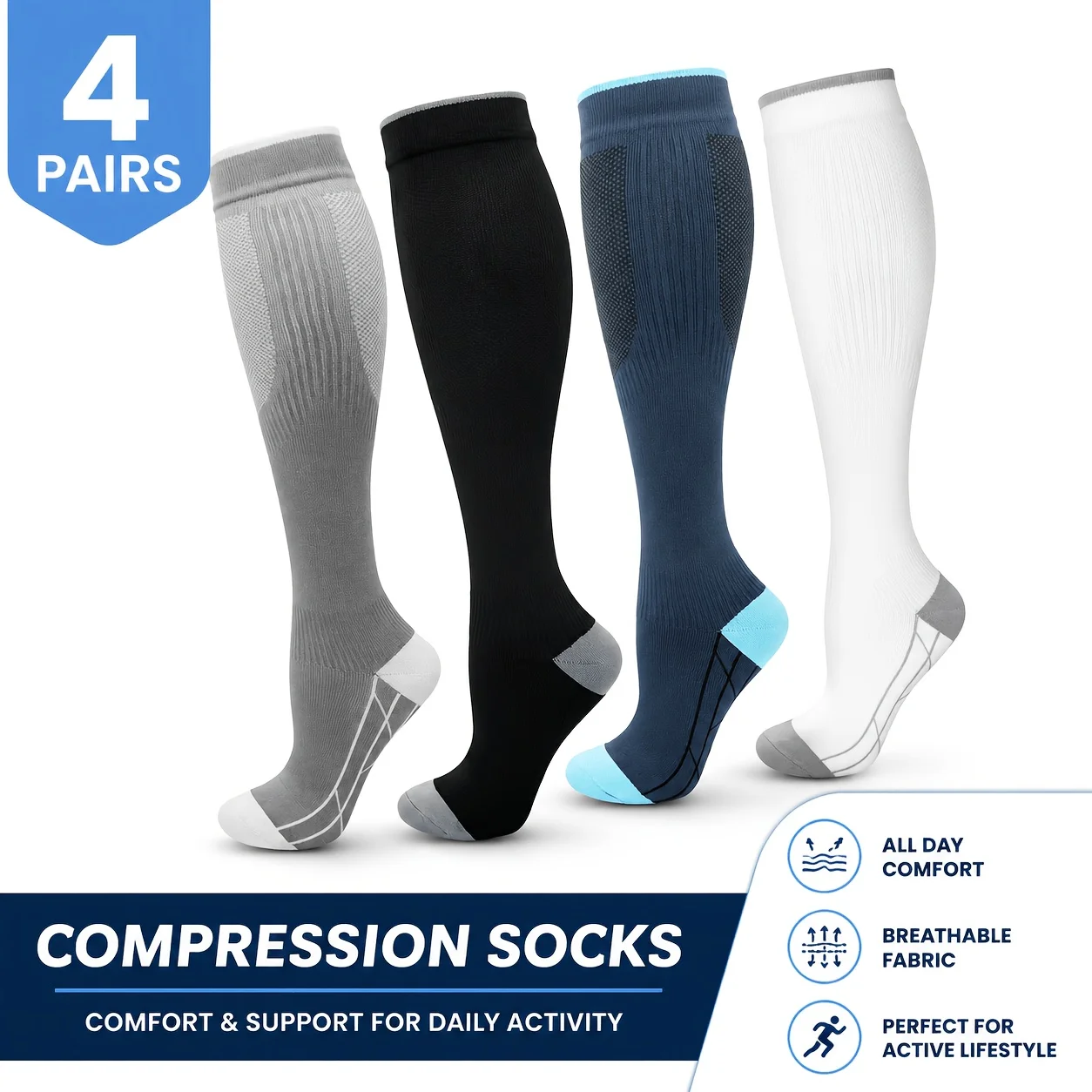 4 Pairs Unisex Compression Sports Socks, Suitable for Running, Fitness and Football, Breathable Design
4 Pairs Unisex Compression Sports Socks, Suitable for Running, Fitness and Football, Breathable Design