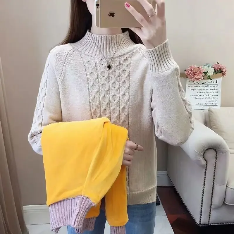 Fall Winter Half Neck High Neck Solid Color Sweater Women's Thick Warm Sweaters Add Top Velvet Bottom Knitted Pullover LJ168
Fall Winter Half Neck High Neck Solid Color Sweater Women's Thick Warm Sweaters Add Top Velvet Bottom Knitted Pullover LJ168