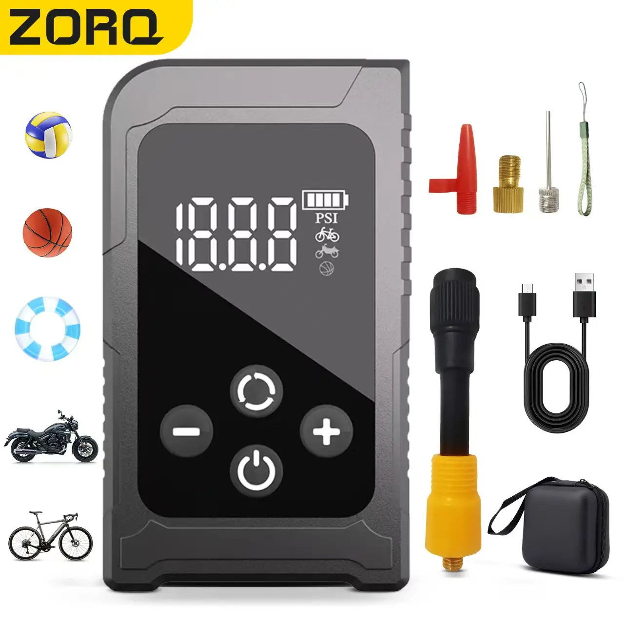 ZORQ SY8018Pro150 PSI Electric Pump Portable Bike Air Rechargeable Tire Inflator Schrader Presta Valve。With LED emergency light
ZORQ SY8018Pro150 PSI Electric Pump Portable Bike Air Rechargeable Tire Inflator Schrader Presta Valve。With LED emergency light