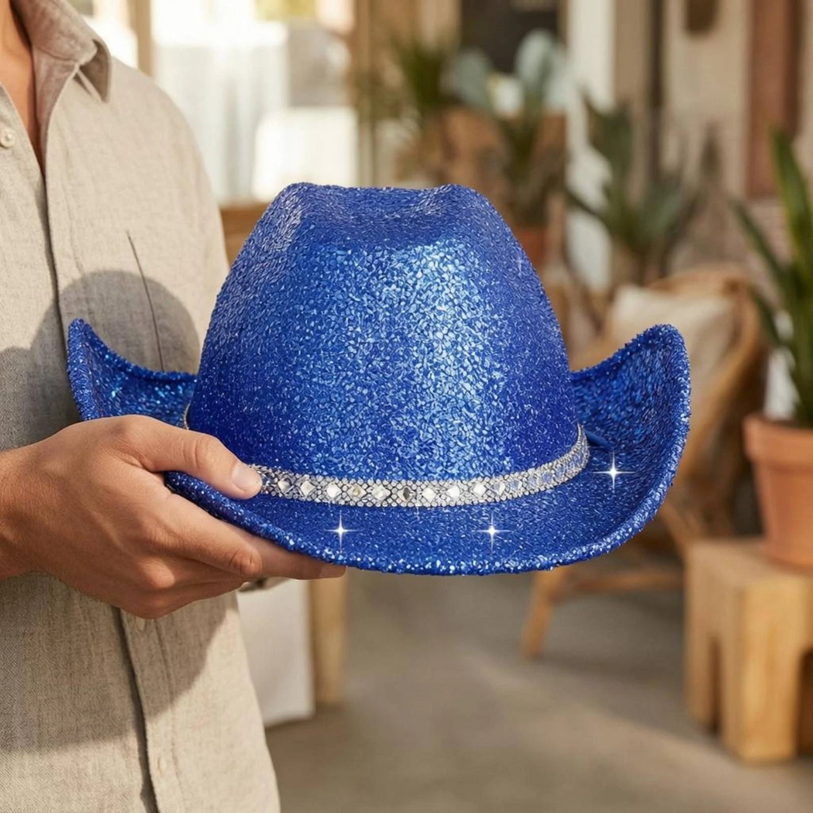 Glittering Blue Cowboy Hat Wide Brim Jean Fabric Cowboy Hat Headwear Decorative Band Accessory Glitter
Glittering Blue Cowboy Hat Wide Brim Jean Fabric Cowboy Hat Headwear Decorative Band Accessory Glitter
