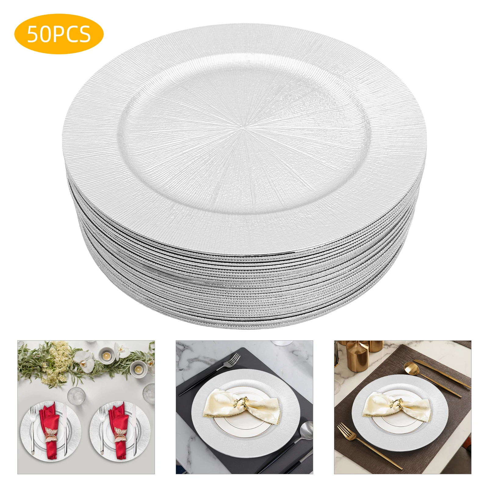 50Pcs Charger Plates ,13" Round Charger Plates, Wedding Dinner Elegant Reusable for Table Setting Party banquets Event Decor
50Pcs Charger Plates ,13" Round Charger Plates, Wedding Dinner Elegant Reusable for Table Setting Party banquets Event Decor
