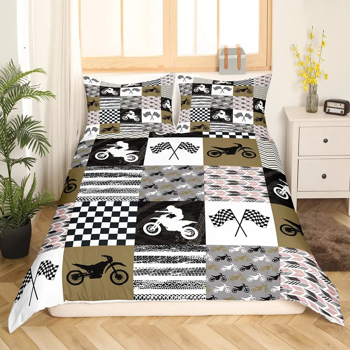 Motocross Boys Bedding Set Black and White Grids Comforter Cover Motorbike Patchwork Pattern Duvet Cover
Motocross Boys Bedding Set Black and White Grids Comforter Cover Motorbike Patchwork Pattern Duvet Cover