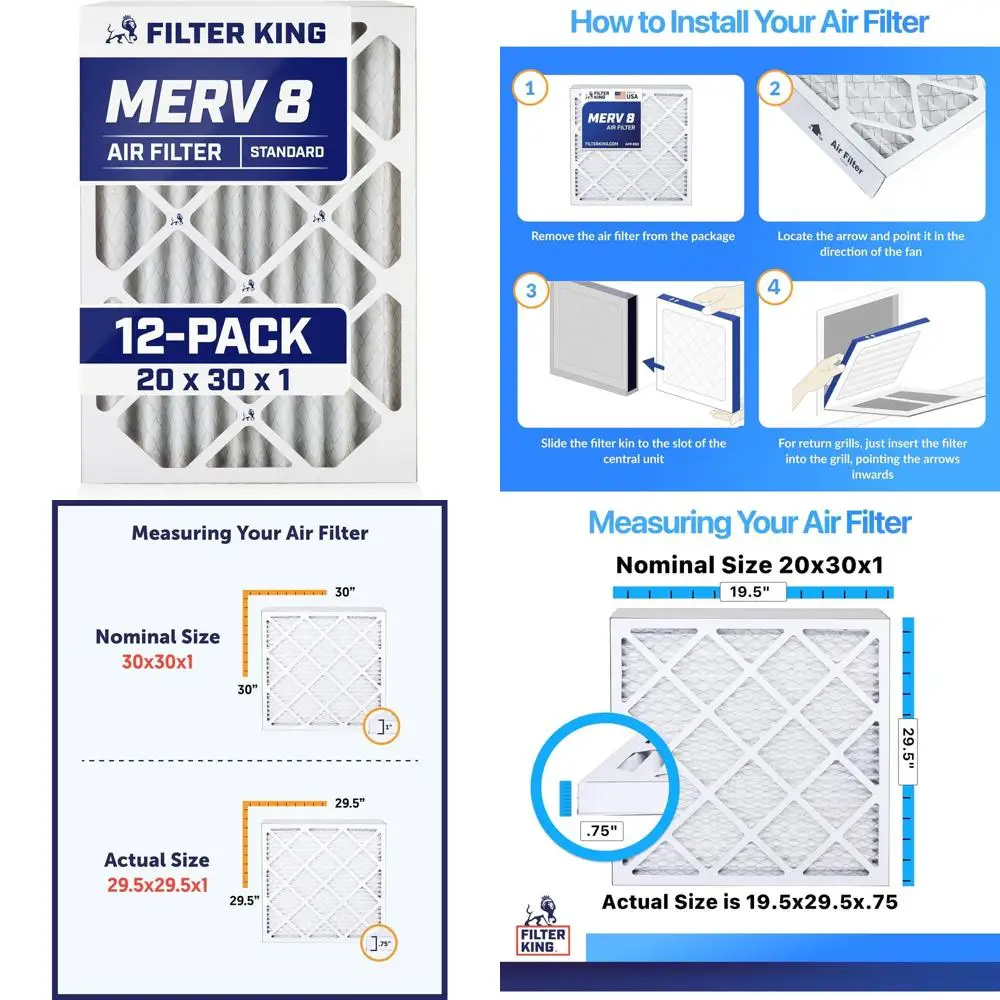 12-Pack 20x30x1 MERV 8 Air Filters for Dust and Allergy Control - Pleated, Electrostatic, Made in USA HVAC Furnace Filters (Actu
12-Pack 20x30x1 MERV 8 Air Filters for Dust and Allergy Control - Pleated, Electrostatic, Made in USA HVAC Furnace Filters (Actu