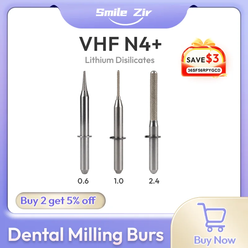 VHF N4+ Dental Milling Burs for Glass Ceramic Lithium Disilicates D3 Cutters 0.6/1.0/2.4 Dental Lab CAD CAM Grinding Drills
VHF N4+ Dental Milling Burs for Glass Ceramic Lithium Disilicates D3 Cutters 0.6/1.0/2.4 Dental Lab CAD CAM Grinding Drills