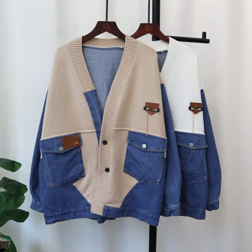 Women's Denim Splicing Knitted Cardigan Loose Casual Fashion Versatile Lazy Style Sweater Jacket for Autumn Winter
Women's Denim Splicing Knitted Cardigan Loose Casual Fashion Versatile Lazy Style Sweater Jacket for Autumn Winter