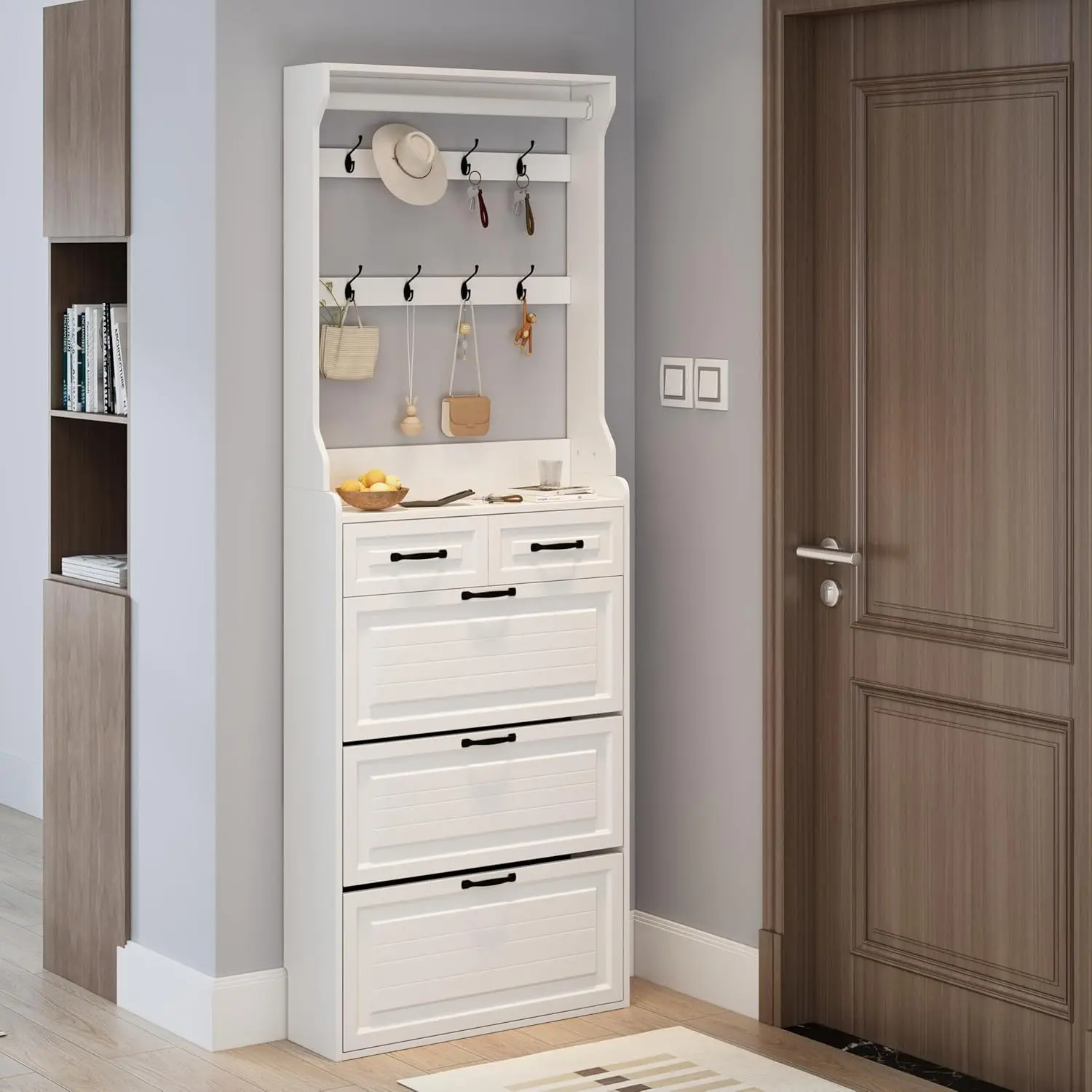 Moderno zapatero blanco con 3 puertas y 2 cajones, colgador integrado, espacioso organizador de almacenamiento de entrada indepe
Moderno zapatero blanco con 3 puertas y 2 cajones, colgador integrado, espacioso organizador de almacenamiento de entrada indepe
