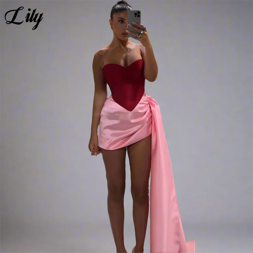 Lily Glam Red Evening Dresses Sweetheart Neckline Corset Top Party Dresses Pink Asymmetric Draped Train Mini Dress Customized
Lily Glam Red Evening Dresses Sweetheart Neckline Corset Top Party Dresses Pink Asymmetric Draped Train Mini Dress Customized