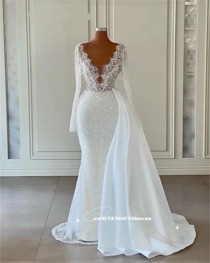 2025 Glitter White Sequined Wedding Dress Long Sleeves Mermaid Sexy Bridal Reception Gown Transparent V-Neck Customized Vestido
2025 Glitter White Sequined Wedding Dress Long Sleeves Mermaid Sexy Bridal Reception Gown Transparent V-Neck Customized Vestido