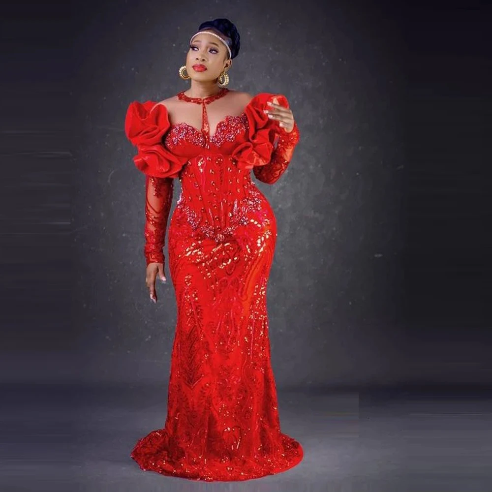 Red Prom Dresess For African Illusion Long Sleeves Lace Mermaid Evening Dress robe de soiree Gorgeous Bead Party Gowns Sequined
Red Prom Dresess For African Illusion Long Sleeves Lace Mermaid Evening Dress robe de soiree Gorgeous Bead Party Gowns Sequined