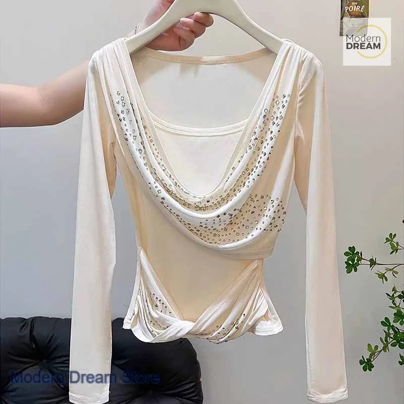 Korean spice girl rhinestones swing collar bottoming shirt female spring and autumn wear design sense slim long-sleeved T-shirt
Korean spice girl rhinestones swing collar bottoming shirt female spring and autumn wear design sense slim long-sleeved T-shirt