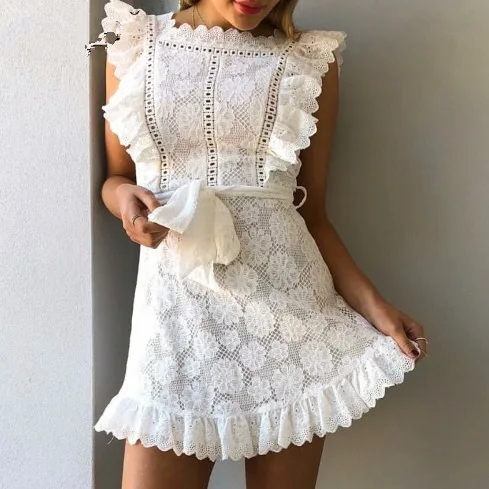 Fashion Lace Mini Dress Ruffle Trim Sleeveless Waist Tie Belt Boho Casual Summer Beach Party Sundress With Eyelet Embroidery
Fashion Lace Mini Dress Ruffle Trim Sleeveless Waist Tie Belt Boho Casual Summer Beach Party Sundress With Eyelet Embroidery