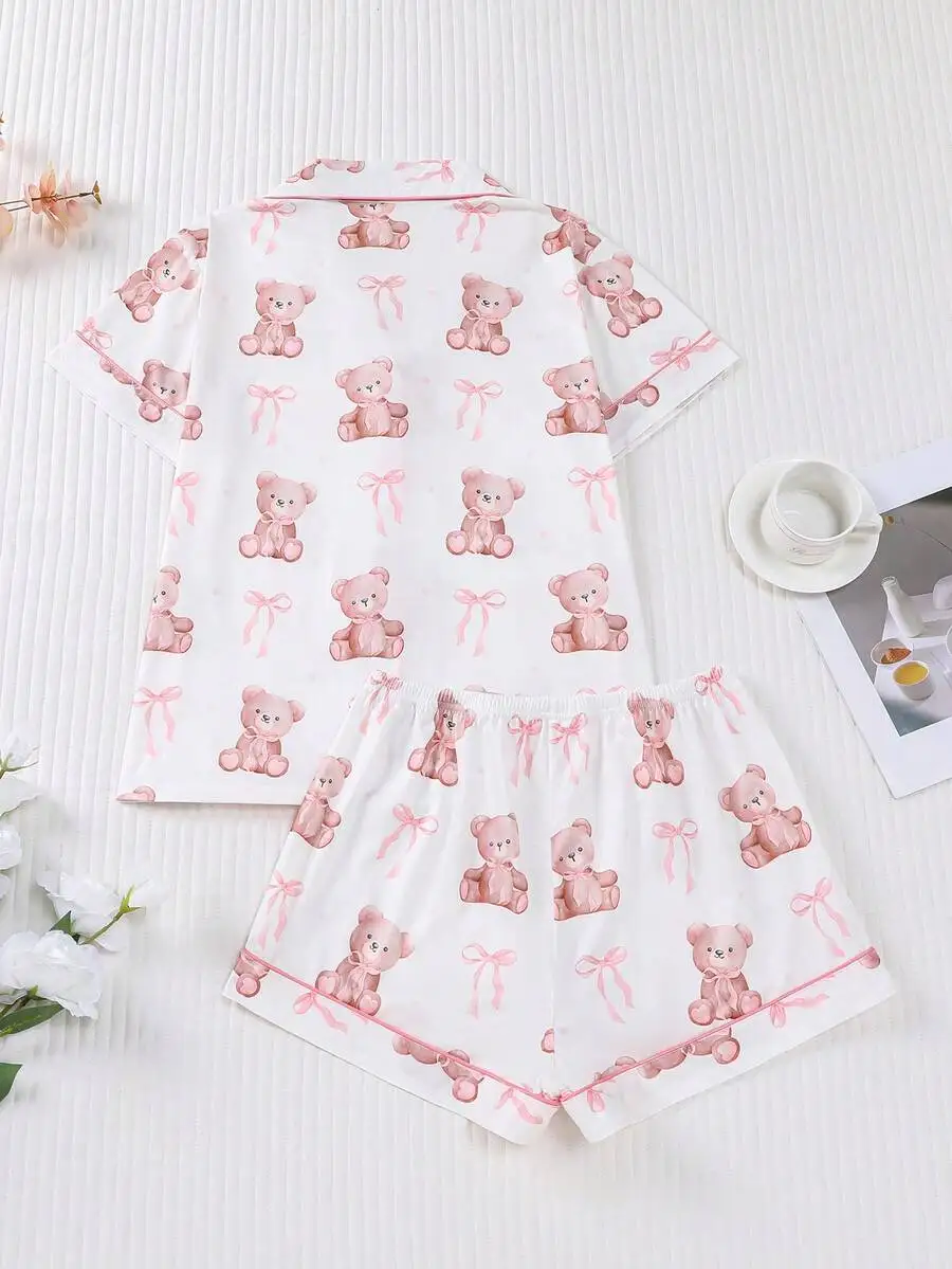 2pcs Teddy Bear Print Sleepwear Set For Women Short Sleeve Shirt With Collar Button Loose Elastic Shorts
2pcs Teddy Bear Print Sleepwear Set For Women Short Sleeve Shirt With Collar Button Loose Elastic Shorts