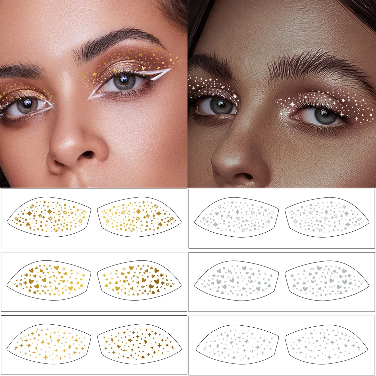6 шт. Временные тату-наклейки для бровей и век с золотым и серебряным тиснением, водостойкие, для женщин, для вечеринок, для макияжа лица
6 шт. Временные тату-наклейки для бровей и век с золотым и серебряным тиснением, водостойкие, для женщин, для вечеринок, для макияжа лица