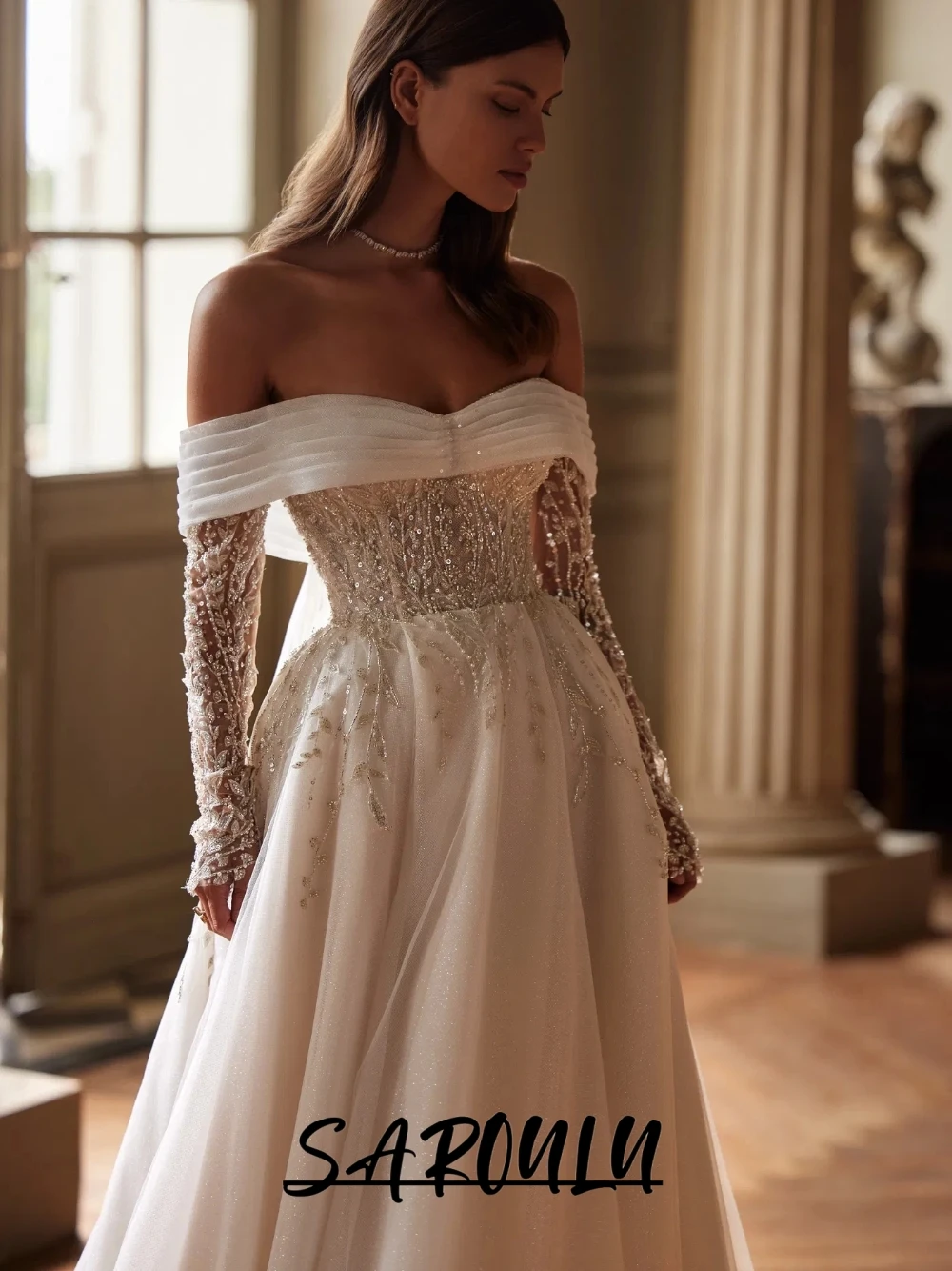 Elegant Backless Wedding Dress Off Shoulder Lace Long Sleeved Sparkly Beaded A Line Cathedral Train Bridal Gown Plus Size
Elegant Backless Wedding Dress Off Shoulder Lace Long Sleeved Sparkly Beaded A Line Cathedral Train Bridal Gown Plus Size