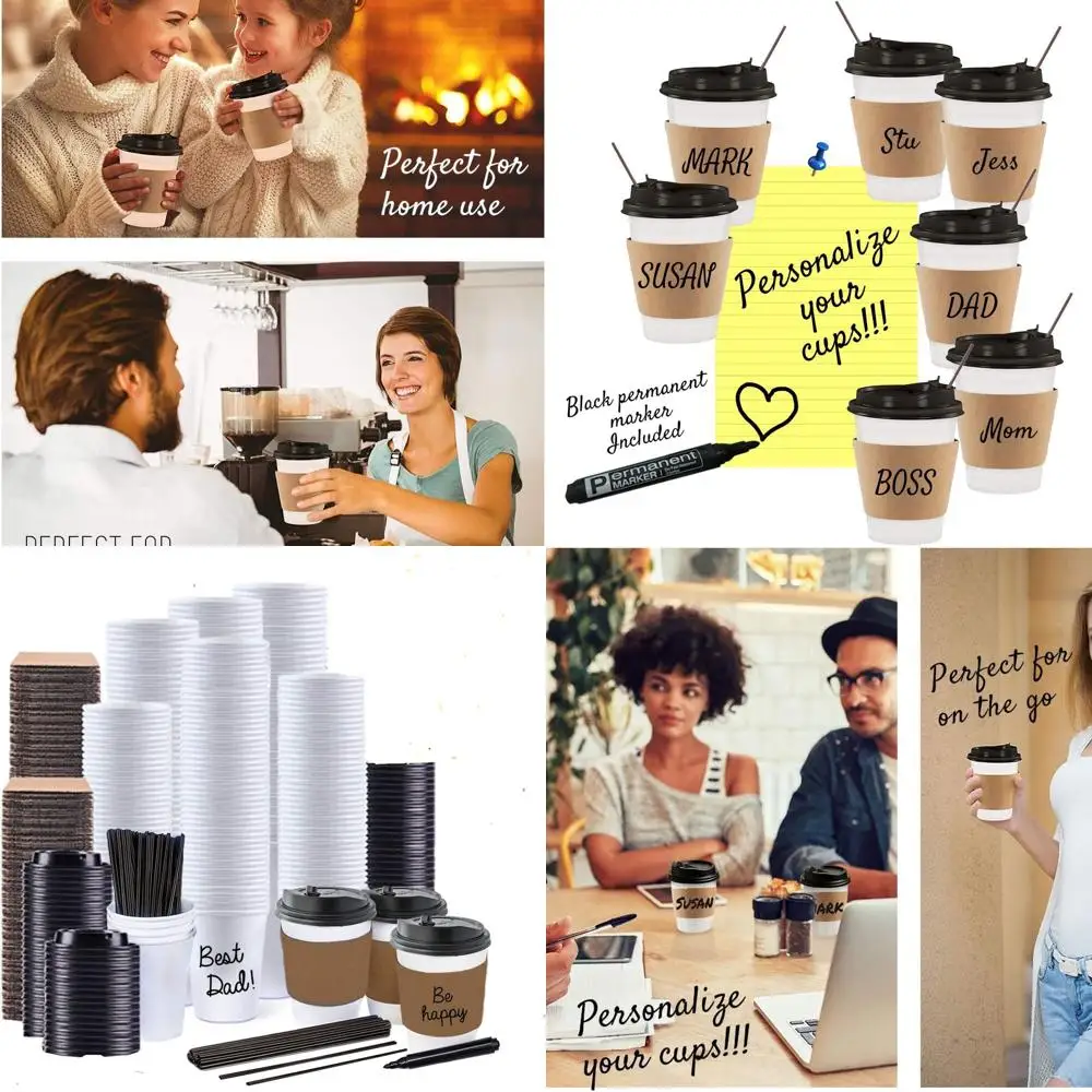 130 одноразовых бумажных стаканчиков для кофе объемом 12 унций с крышками, обертками, мешалками и маркером для дома, офиса, вечеринок, путешествий
130 одноразовых бумажных стаканчиков для кофе объемом 12 унций с крышками, обертками, мешалками и маркером для дома, офиса, вечеринок, путешествий