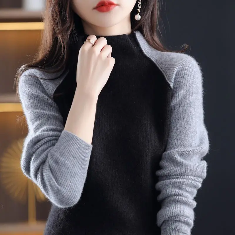 New Knitted Pullover Long Sleeve Slim Fit Half High Neck Contrast Sweater Autumn and Winter Women's Soft Top 2024 B514
New Knitted Pullover Long Sleeve Slim Fit Half High Neck Contrast Sweater Autumn and Winter Women's Soft Top 2024 B514