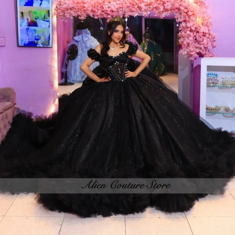 Black Shiny Quinceanera Dresses Ball Gown Off The Shoulder Beading Crystal Tiered Tull Bow Sweet 16 Dress Vestidos 15 De Anos
Black Shiny Quinceanera Dresses Ball Gown Off The Shoulder Beading Crystal Tiered Tull Bow Sweet 16 Dress Vestidos 15 De Anos