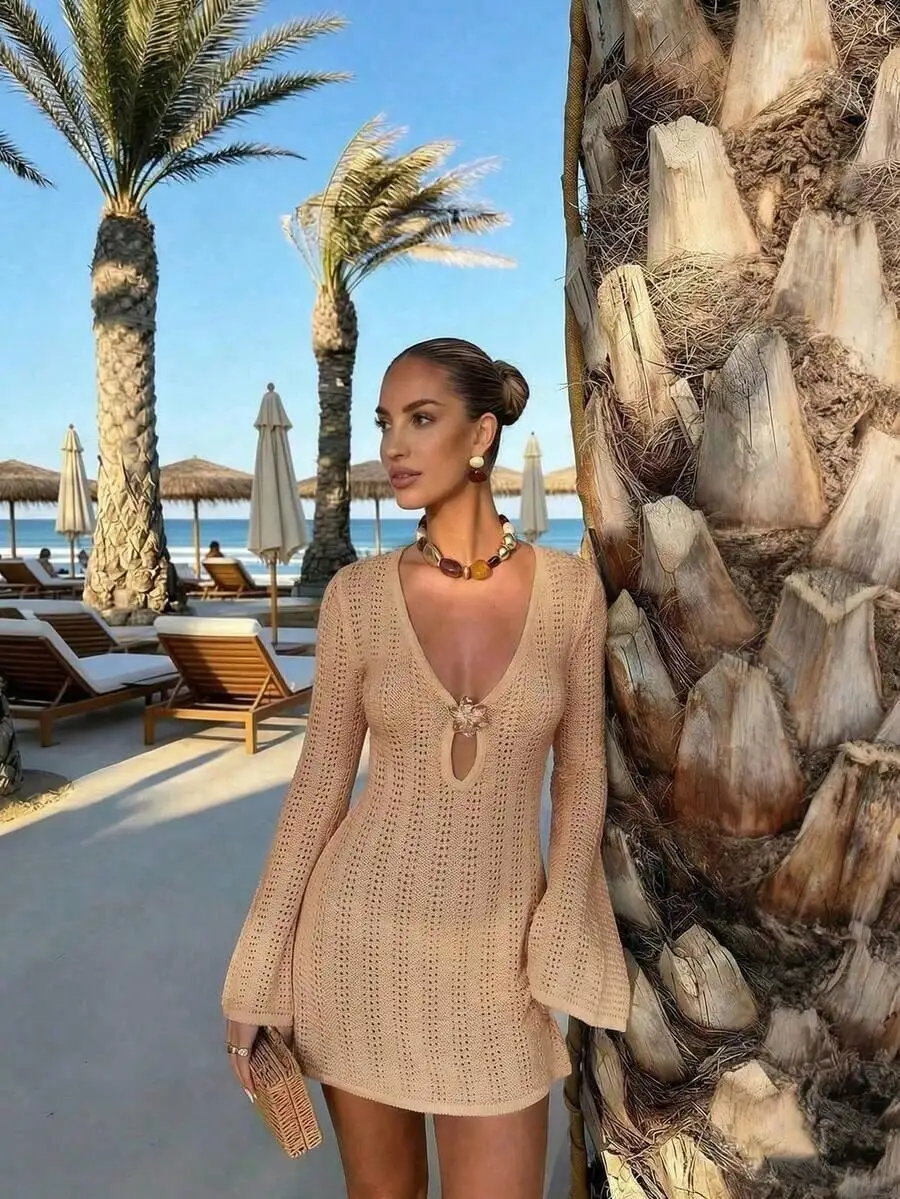 Womens Knit Mini Dress Deep V-Neck Bell Sleeve Bohemian Beach Vacation Style
Womens Knit Mini Dress Deep V-Neck Bell Sleeve Bohemian Beach Vacation Style