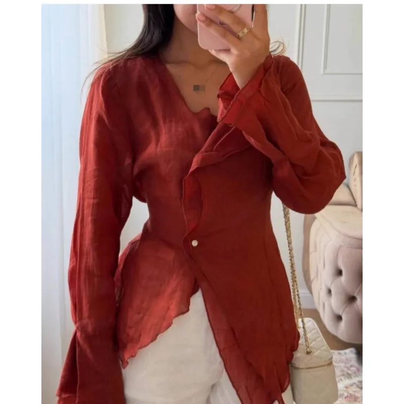 Fashion Irregular Solid Color Women Shirts V-Neck Long Sleeve Thin Blouses 2026 New Spring Summer Chic Tops Elegant Women Clothi
Fashion Irregular Solid Color Women Shirts V-Neck Long Sleeve Thin Blouses 2026 New Spring Summer Chic Tops Elegant Women Clothi