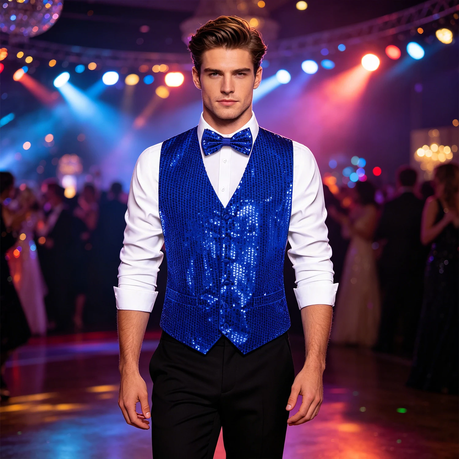 Men's Royal Blue Shiny Sequin Vest with Matching Bow Tie 2 Pieces V-Neck Waistcoat Suit for Prom Wedding Party Stage Disco
Men's Royal Blue Shiny Sequin Vest with Matching Bow Tie 2 Pieces V-Neck Waistcoat Suit for Prom Wedding Party Stage Disco