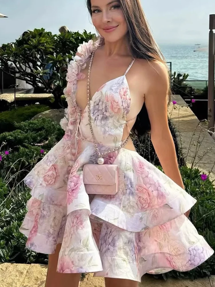 Summer Woman Fashion Sexy V Neck Sleeveless Backless Short Skirt Evening Party Vestidos Sweet Print Ruffles Mini Camisole Dress
Summer Woman Fashion Sexy V Neck Sleeveless Backless Short Skirt Evening Party Vestidos Sweet Print Ruffles Mini Camisole Dress