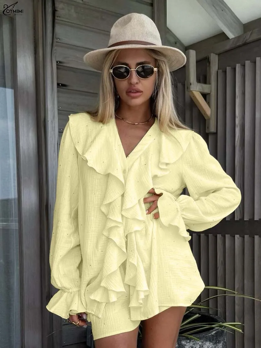 Oymimi Fashion Yellow Cotton Two Piece Outfits Woman Casual Diamonds Long Sleeve Ruffled Shirts And High Waisted Shorts Sets
Oymimi Fashion Yellow Cotton Two Piece Outfits Woman Casual Diamonds Long Sleeve Ruffled Shirts And High Waisted Shorts Sets