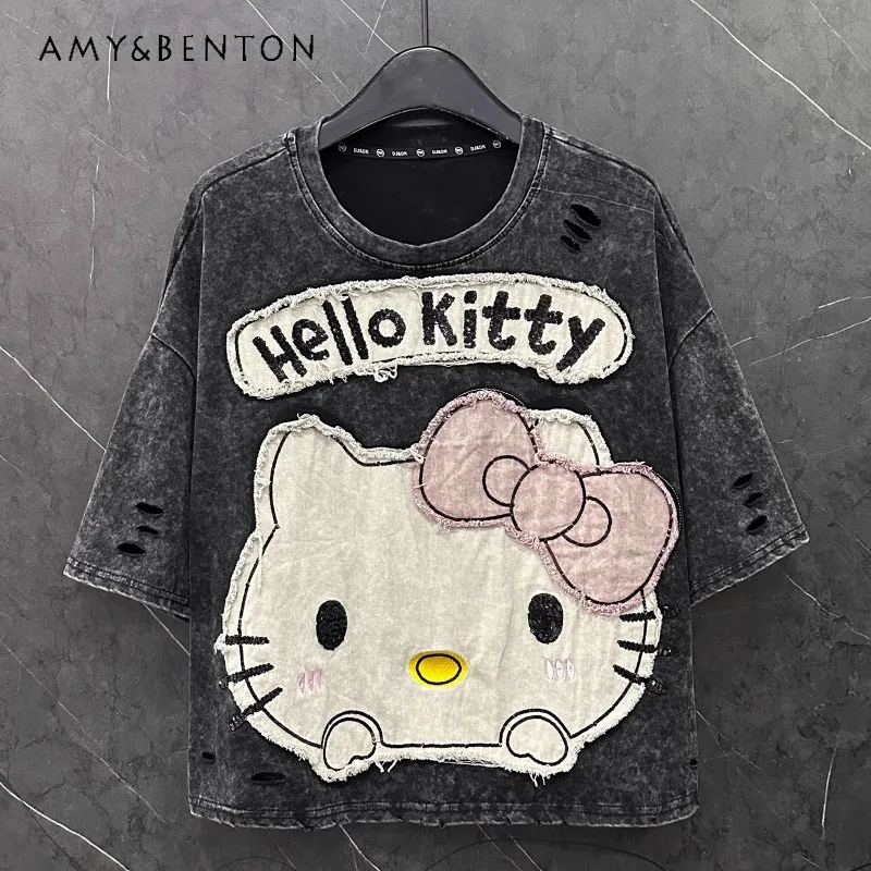 Special Design Hole Design Sweet Age-reducing Cartoon Short-sleeved T-shirt Women's 2025 Summer Black Grey Loose Top Pullovers
Special Design Hole Design Sweet Age-reducing Cartoon Short-sleeved T-shirt Women's 2025 Summer Black Grey Loose Top Pullovers